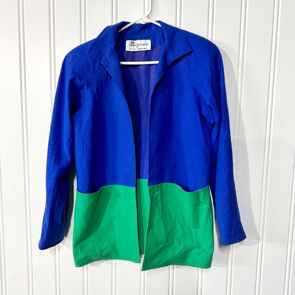 Vintage‎ MIGNON Jacket Women Size 8 Abstract Green/ Blue Open Front Light Wool